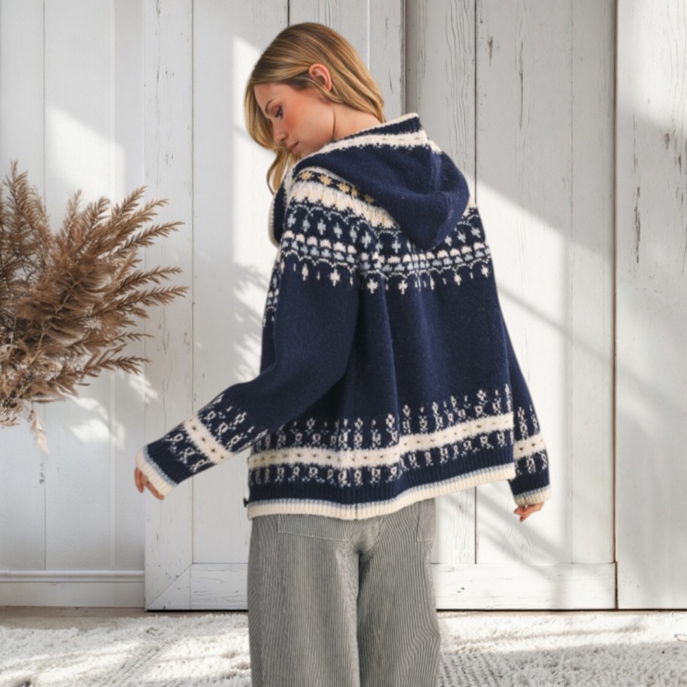 Navy Nordic Soft Button Down Knit Hooded Winter Cardigan Sweater Jacket - Picture 4 of 5